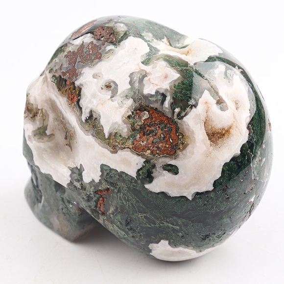 Moss Agate Druzy Geode Skull Carving - Picture 8 of 11